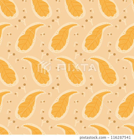 Autumn yellow paisleys leaves seamless pattern. Fall forest repeat background. Beige sweater weather season endless cover. Vector hand drawn flat illustration. Autumn yellow paisleys leaves seamless pattern. Fall forest repeat background. Beige sweater weather season endless cover. Vector hand drawn flat illustration. 116287541