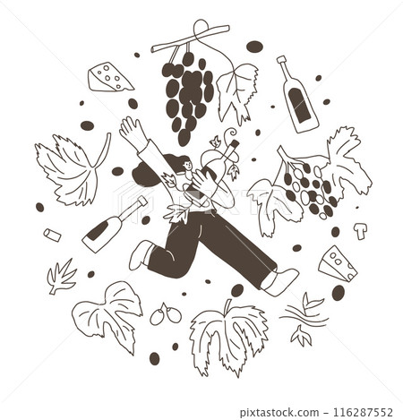 Wine club circular emblem. Cute fun character with wineglass, bottles and grapevines round badge. Vector hand drawn doodle collection illustration isolated on white background. 116287552