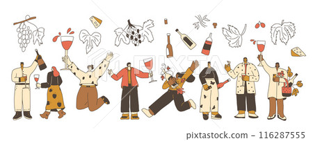 Wine tasting event. Set of wine lovers. Cute characters with with wineglass. Vector hand drawn collection illustration isolated on white background. 116287555
