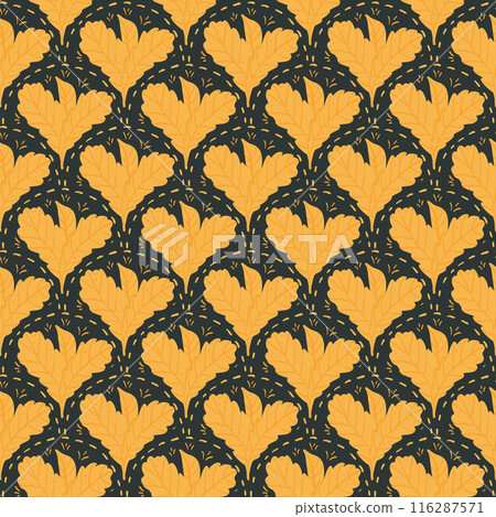 Autumn bunch of leaves seamless pattern. Fall forest scallop repeat background. Vector hand drawn flat illustration. Autumn bunch of leaves seamless pattern. Fall forest scallop repeat background. Vector hand drawn flat illustration. 116287571