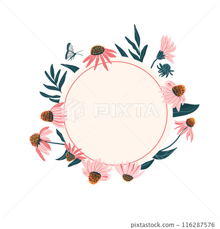 Coneflowers circular wreath isolated on white background. Floral circular frame. Vector flat hand drawn illustration. 116287576