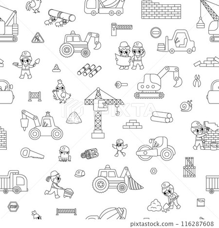 Big vector black and white construction site, road work seamless pattern. Building line repeat background with kid builders, transport, bulldozer, crane. Repair service digital paper 116287608
