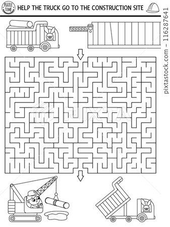 Construction site black and white geometrical maze for kids with road repairing workers, cars. Building works line preschool printable activity. Labyrinth game, coloring page with crawler crane, Construction site black and white geometrical maze for kids with road repairing workers, cars. Building works line preschool printable activity. Labyrinth game, coloring page with crawler crane, 116287641