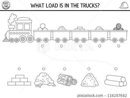 Construction site black and white matching activity with train, materials in cars. Building works puzzle, game, printable worksheet. Repair service match up coloring page with bricks, sand, wood, 116287682