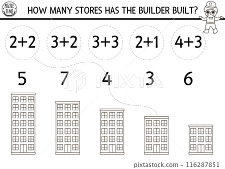 Match the numbers black and white construction site game with builder. Math activity, coloring page for kids with worker. Educational counting worksheet. How many stores in house 116287851