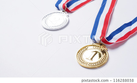 Gold silver and bronze demonstration trophy medals with ribbon for school university or national or olympic sport even organization competition. Isolated on white background. Award and victory concept Gold silver and bronze demonstration trophy medals with ribbon for school university or national or olympic sport even organization competition. Isolated on white background. Award and victory concept 116288038