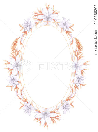 Hand drawn watercolor vintage golden and silver jewelry wreath frame border isolated on white background. Can be used for cards, label and other printed products. 116288262