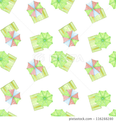Hand drawn watercolor beach umbrella and towel seamless pattern isolated on white background. Marine illustration can be used for textile, fabric, wrapping and other printed products. 116288280