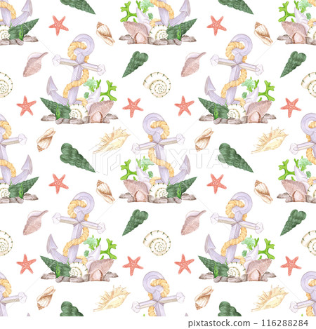 Hand drawn watercolor anchor and seashells seamless pattern isolated on white background. Marine illustration can be used for textile, fabric, wrapping and other printed products. 116288284