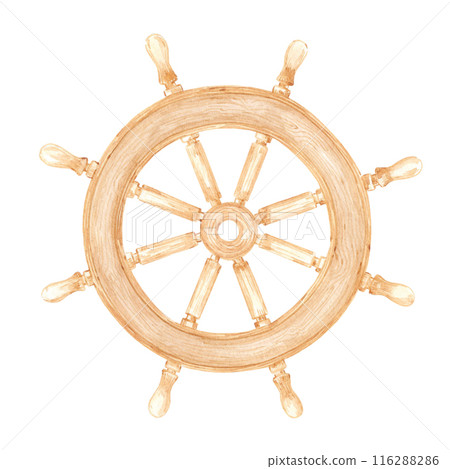 Hand drawn watercolor wooden helm wheel isolated on white background. Marine illustration can be used for card, label, invitation and other printed products. 116288286