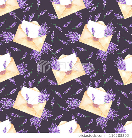Hand drawn watercolor letter with lavender flowers seamless pattern isolated on dark background. Can be used for textile, fabric and other printed products. Hand drawn watercolor letter with lavender flowers seamless pattern isolated on dark background. Can be used for textile, fabric and other printed products. 116288293