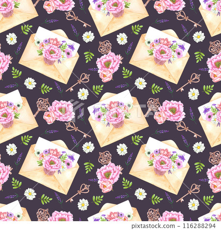 Hand drawn watercolor letter with bouquet of flowers and vintage keys seamless pattern isolated on dark background. Can be used for textile, fabric and other printed products. 116288294