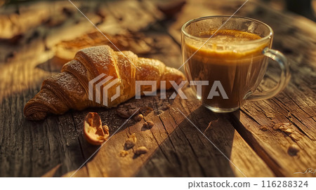 Freshly Baked Croissant and a Cup of Coffee on a Rustic Wooden Table Freshly Baked Croissant and a Cup of Coffee on a Rustic Wooden Table 116288324