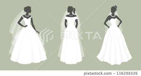 Set of brides in a white wedding dress with a bridal bouquet. Luxurious wedding dresses for brides. Illustration 116288326