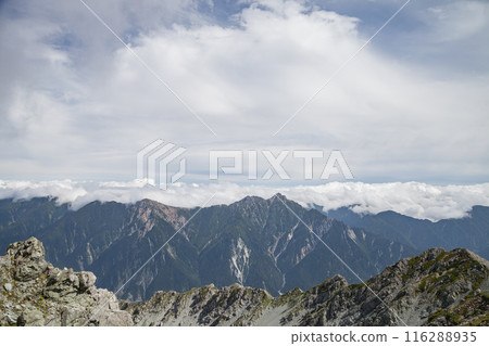View of the Japanese Alps from the vast summit of Mt. Oyama View of the Japanese Alps from the vast summit of Mt. Oyama 116288935