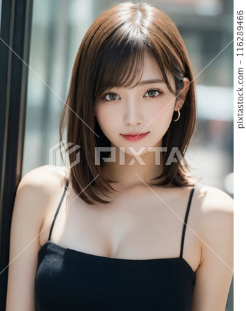 街上一個中等頭髮的女人和藹地微笑 116289466