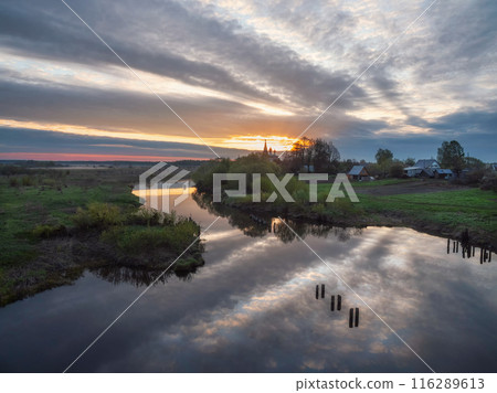 Morning landscape, sunrise on the river. Morning landscape, sunrise on the river. 116289613