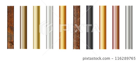 Pipe set isolated on background. Chrome, rusty, steel, golden, copper and iron pipes profile. Cylinder metal tubes. Vector Pipe set isolated on background. Chrome, rusty, steel, golden, copper and iron pipes profile. Cylinder metal tubes. Vector 116289765