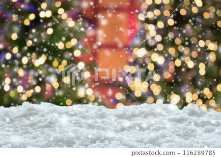 Empty white snow with blur Christmas tree with bokeh light background Empty white snow with blur Christmas tree with bokeh light background 116289785