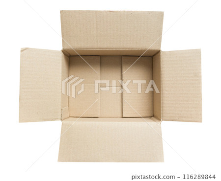 Open empty brown cardboard box isolated on white background top view Open empty brown cardboard box isolated on white background top view 116289844