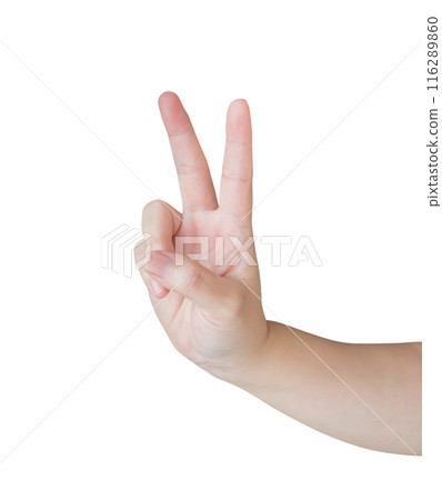 Woman hand gesture show number two sign isolated on white background 116289860