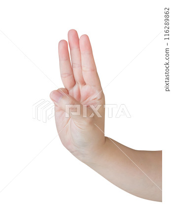 Woman hand gesture show three fingers sign isolated on white background 116289862