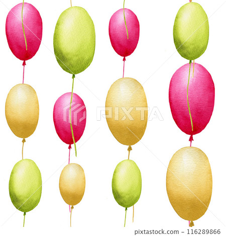 Seamless pattern with hand painted pink, green, yellow balloons isolated on white background. Handmade watercolor illustration for wrapping paper Seamless pattern with hand painted pink, green, yellow balloons isolated on white background. Handmade watercolor illustration for wrapping paper 116289866