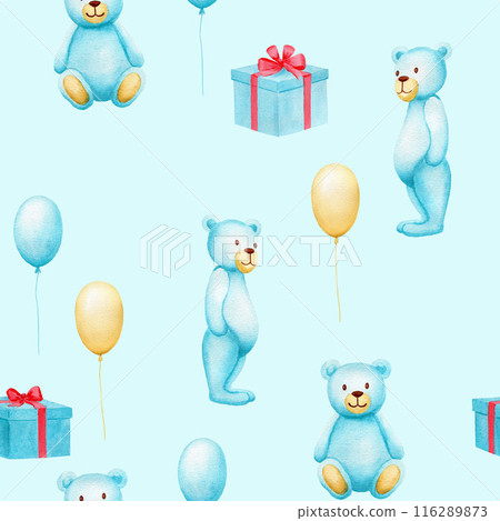 Seamless watercolor pattern with blue toy bears, gift boxes and blue and yellow balloons. Handmade watercolor illustration on blue background 116289873