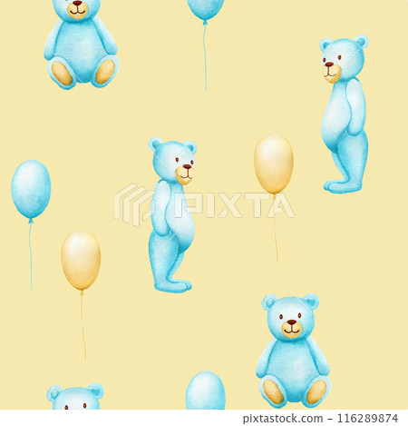 Seamless watercolor pattern with blue toy bears and blue and yellow balloons. Handmade watercolor illustration on yellow background for boys 116289874