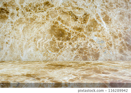 Brown marble table top with natural wall texture background for mockup product display template 116289942