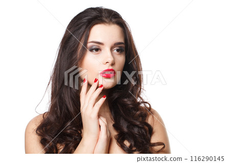 Beautiful woman with long brown wavy hair Beautiful woman with long brown wavy hair 116290145