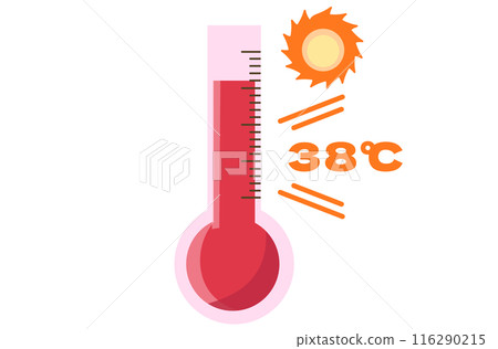 Summer thermometer recording 38 degrees Celsius. Extreme heat. 38 degrees. Vector illustration 116290215
