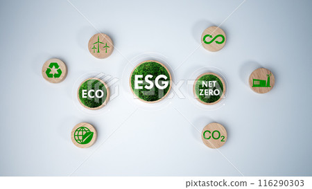 A circular wooden board with the abbreviation ESG and ECO and NET ZERO printed on it. Concepts for sustainable environment. Net zero green house gas emissions target. White background. 116290303