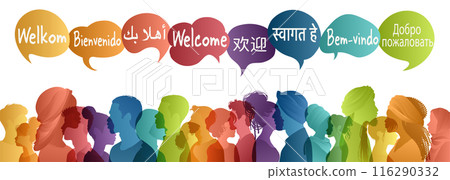 Silhouette multicultural people side from different country and continents with speech bubbles with text -Welcome- in various international languages.Communication.Community. Diversity 116290332
