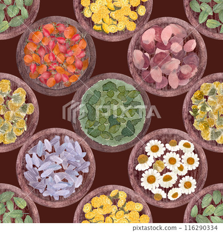 Herbal shop stand. Herbs, plants on plates seamless pattern. Hand painted Lemon balm, chamomile, rose hips, tansy, lavender watercolor art on brown background. Great for packages, wrapping paper 116290334