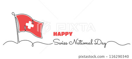 Swiss National Day banner with flag of Switzerland abstract minimal one line art drawing 116290340