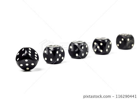 Five black dice for playing poker on a white background. On a white background close-up lie five black dice for playing poker Five black dice for playing poker on a white background. On a white background close-up lie five black dice for playing poker 116290441