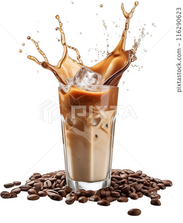 A dynamic iced coffee with ice falling and splashing. 116290623