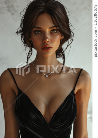 Elegant Woman in Black Dress Portrait. Portrait of an elegant woman in a black dress with a sapphire necklace, looking directly at the camera against a neutral background. 116290678