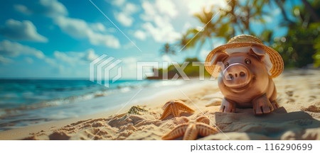 Piggy bank wearing a straw hat on a beach with starfish and seashells. Summer vacation and travel concept. Design for greeting card and postcard. Banner with copy space 116290699