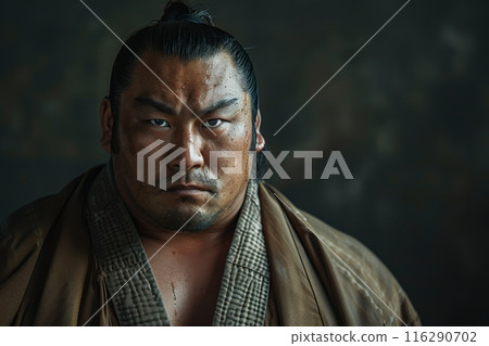 Sumo wrestler in traditional attire with a stern expression. Studio portrait. Martial arts and Japanese culture concept. 116290702