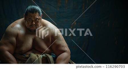 Sumo wrestler in traditional attire sitting in a contemplative pose. Studio portrait. Martial arts and Japanese culture concept. Banner with copy space 116290703