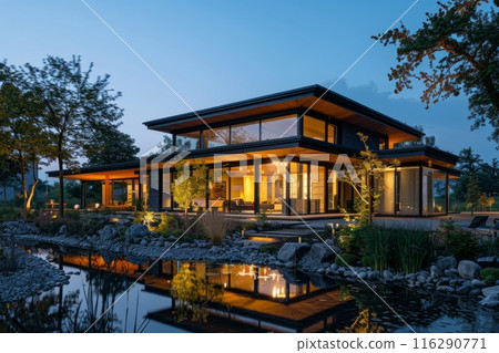 Modern House at Twilight with Reflections in Pond. A modern house with large windows is beautifully illuminated at twilight, reflecting in a tranquil pond in the foreground. 116290771