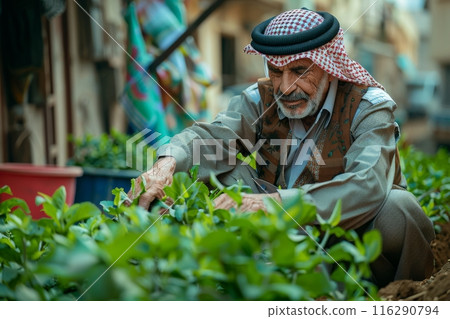 Elderly Man Tending to Garden Plants Outdoors. Elderly man wearing traditional attire carefully tending to garden plants, demonstrating dedication and care in a vibrant outdoor setting. 116290794