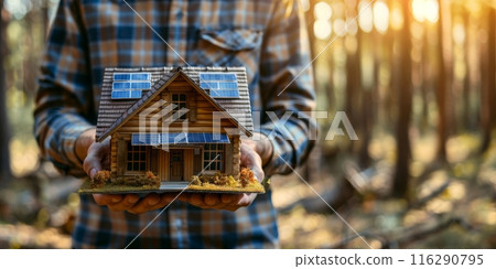 Man Holding Eco-Friendly House Model with Solar Panels. Close-up of a man in a plaid shirt holding a model of an eco-friendly house with solar panels, set in a forest. Banner with copy space 116290795