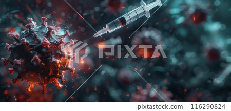 Syringe injecting a virus particle on a dark background. Medical and health concept. Design for vaccination and disease prevention themes. Banner with copy space 116290824