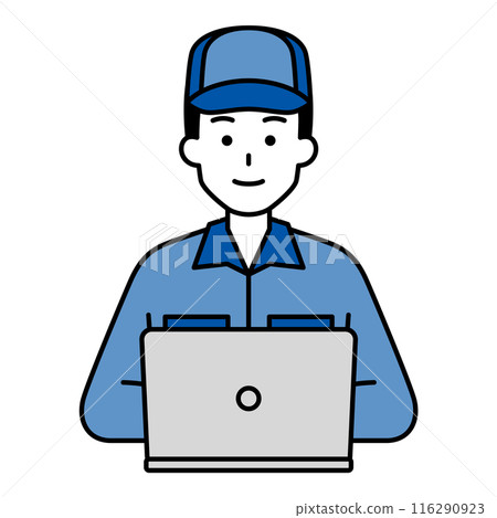 一名身穿工作服的男子麵朝前方在筆記型電腦上工作 一名身穿工作服的男子麵朝前方在筆記型電腦上工作 116290923