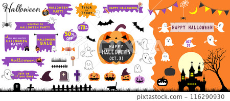 Halloween cute frame, icon set English version, decoration, vector illustration, white background Halloween cute frame, icon set English version, decoration, vector illustration, white background 116290930