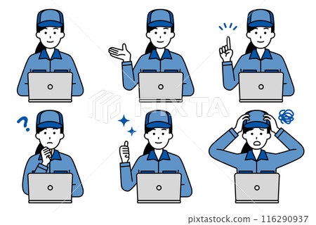 Set of women in overalls working on a laptop Set of women in overalls working on a laptop 116290937