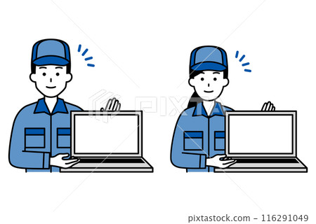 Set of men and women in overalls showing laptop screens 116291049